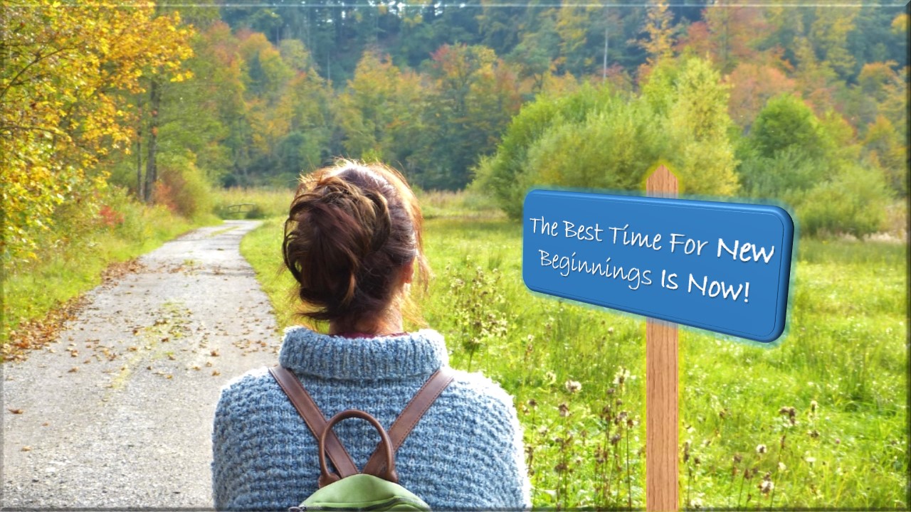 The Joy of new beginnings - Image of a girl in scenic green background looking at a sign board reading - The best time for new beginnings is now