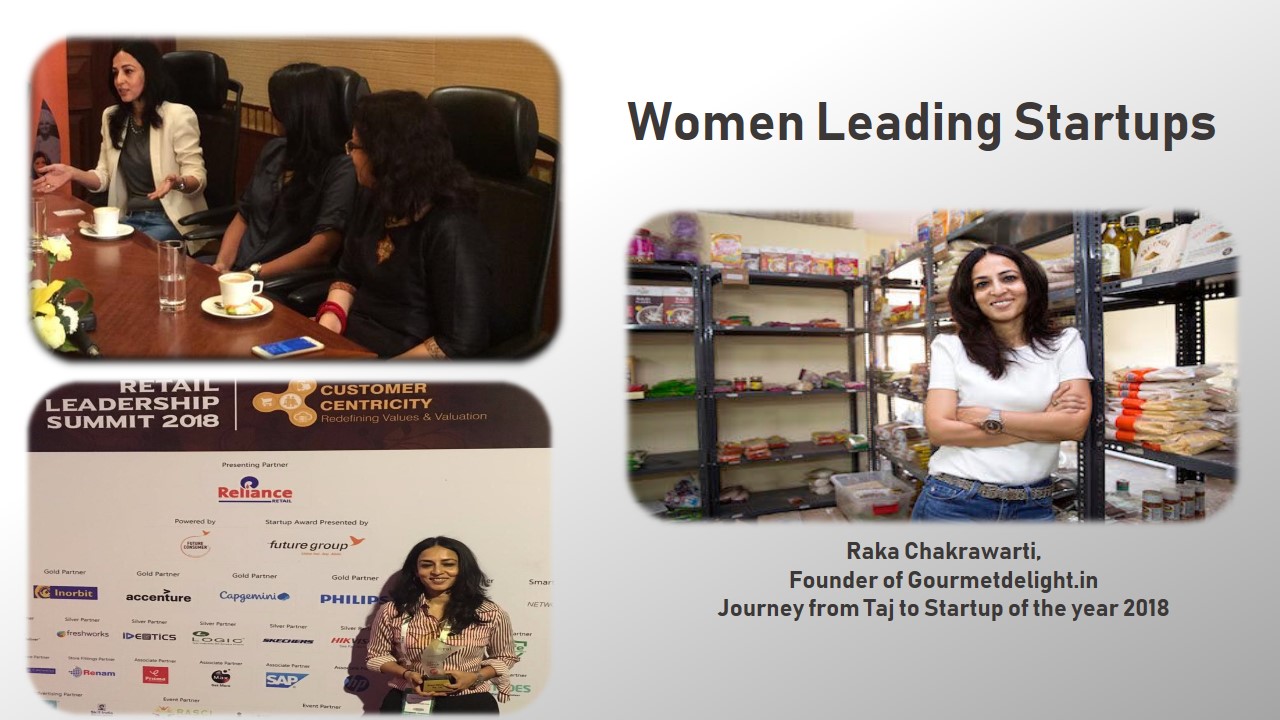 Images of Raka Chakrawarti, founder of Gourmetdelight in her store, in a round table conference, With an Award in hand for first runnerup Retail Startup of the year 2018.