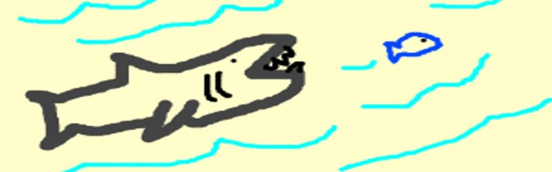 Shark in a fish tank - drawing of a shark going after a little fish