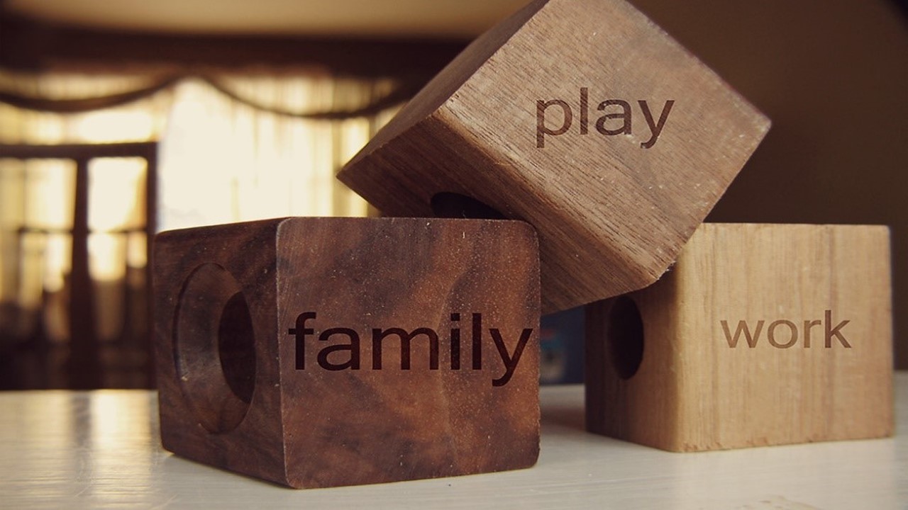 Work-Life integration - image of 3 blocks reading family, play, work