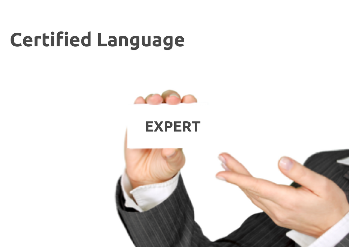 Certified language expert - image of a professional women holding a card reading EXPERT