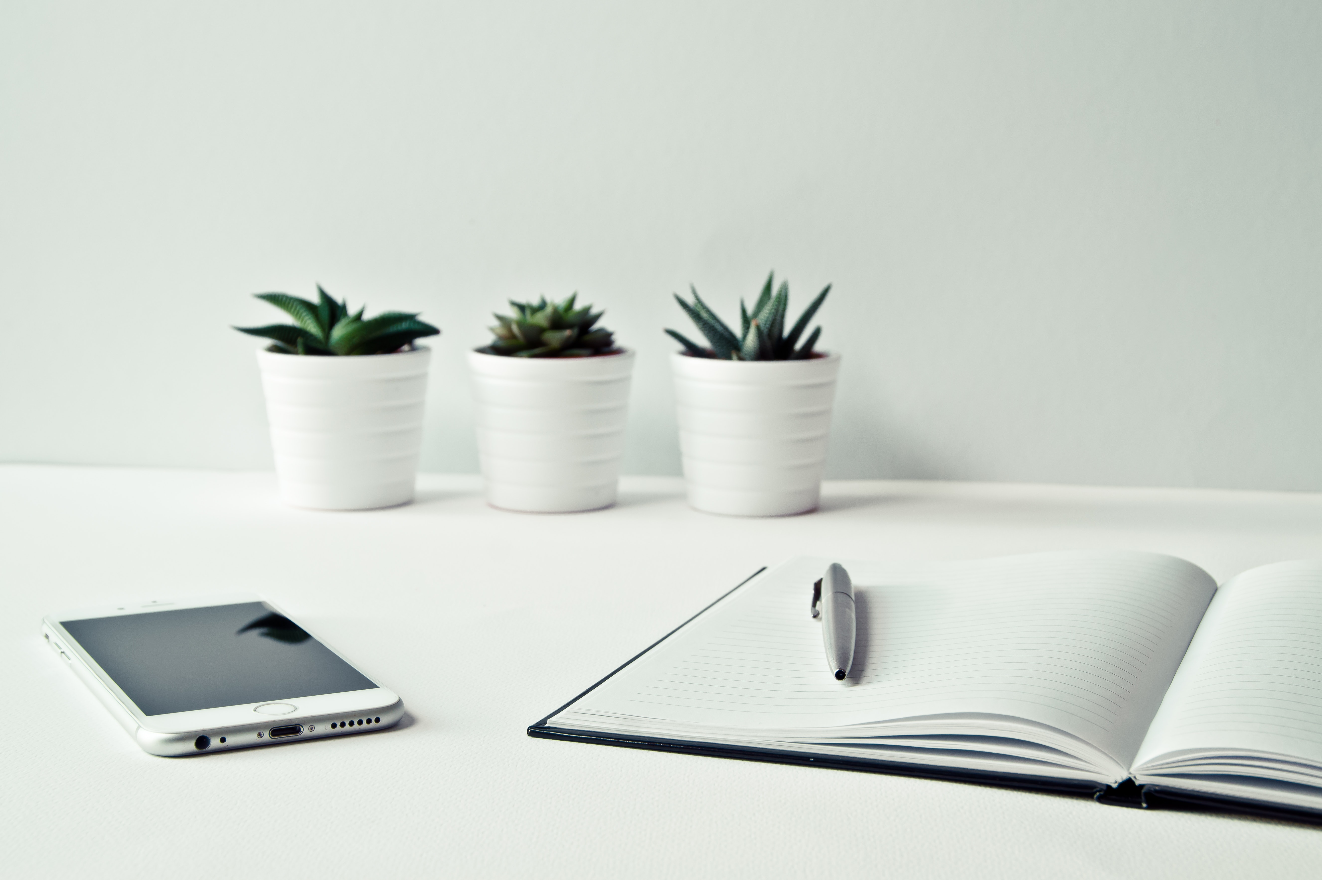 Be your own boss, become an entrepreneur - Image of white table with a phone some potted plants, book and pen